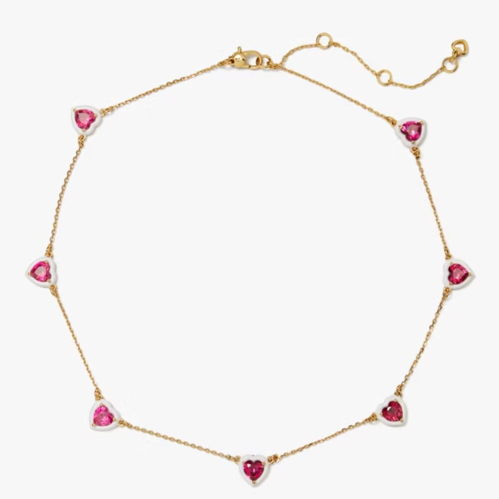 NWT New Kate Spade Sweetheart Heart Gold Station Necklace Red Pink love